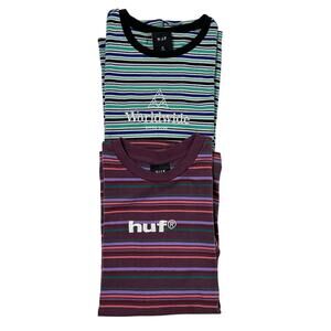HUF Worldwide & Forum Skater Crew Neck T-Shirts Lot of 2 Men's Size M Striped